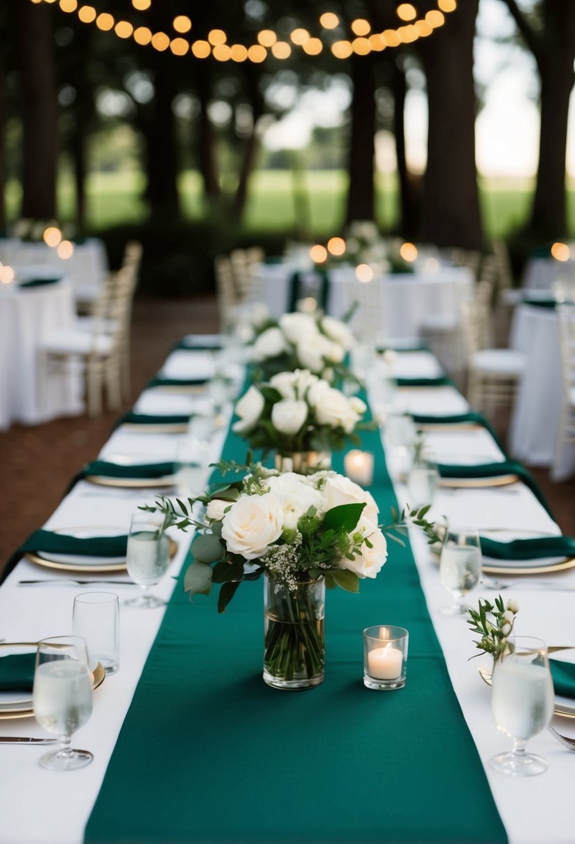 Forest green table runners and white floral centerpieces adorn a wedding reception table