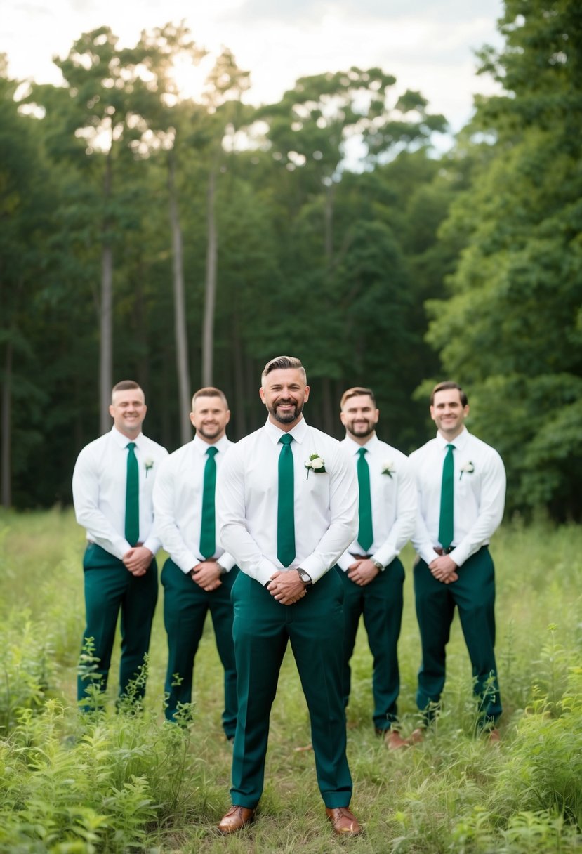 Groomsmen in forest green ties and white shirts stand in a lush forest clearing