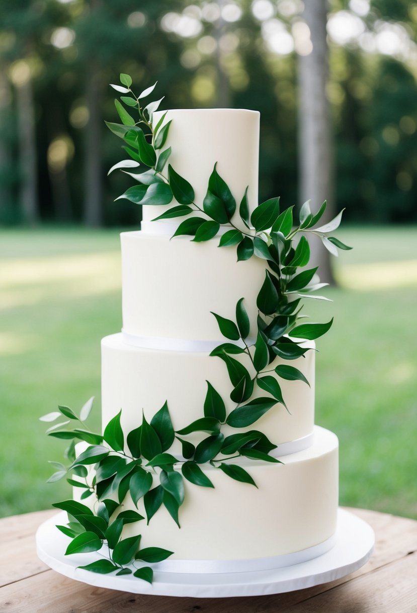 A three-tiered white wedding cake adorned with forest green leaves cascading down the sides