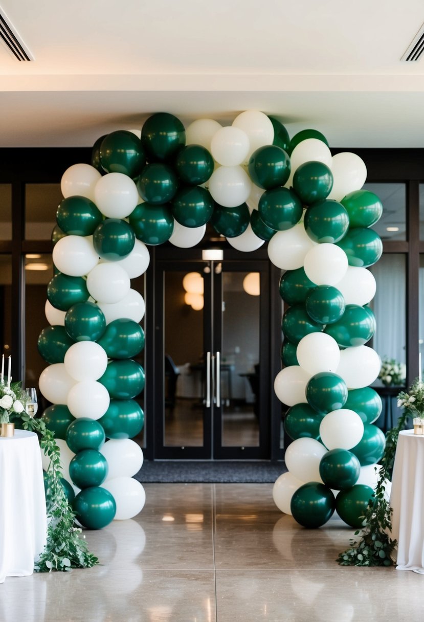 Forest green and white balloon arches adorn the reception entrance, complementing the forest green and white wedding color scheme