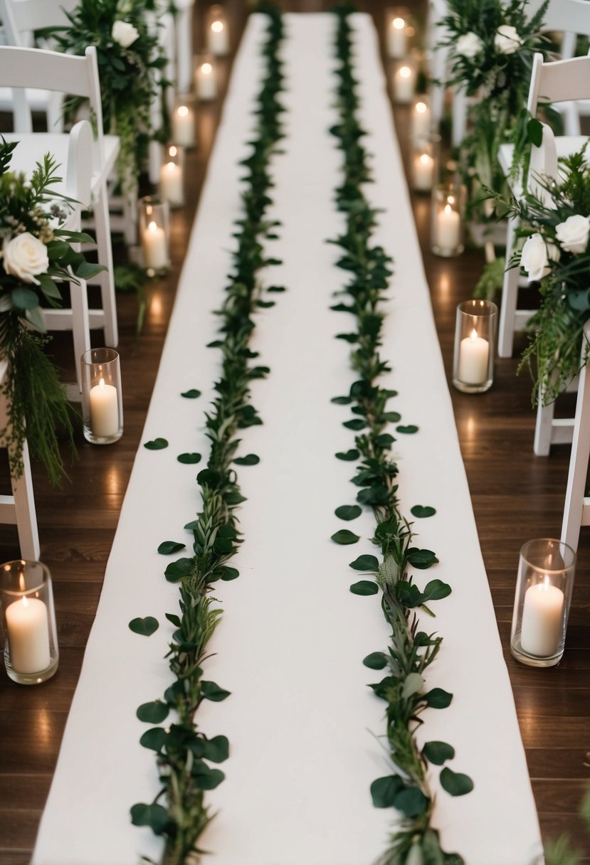 White aisle runners adorned with forest green petals, creating a serene and elegant atmosphere for a forest green and white themed wedding