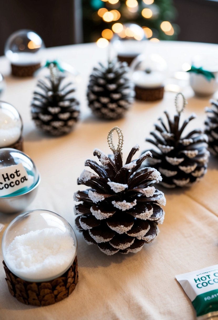 A table adorned with frosted pine cone ornaments, mini snow globes, and personalized hot cocoa packets