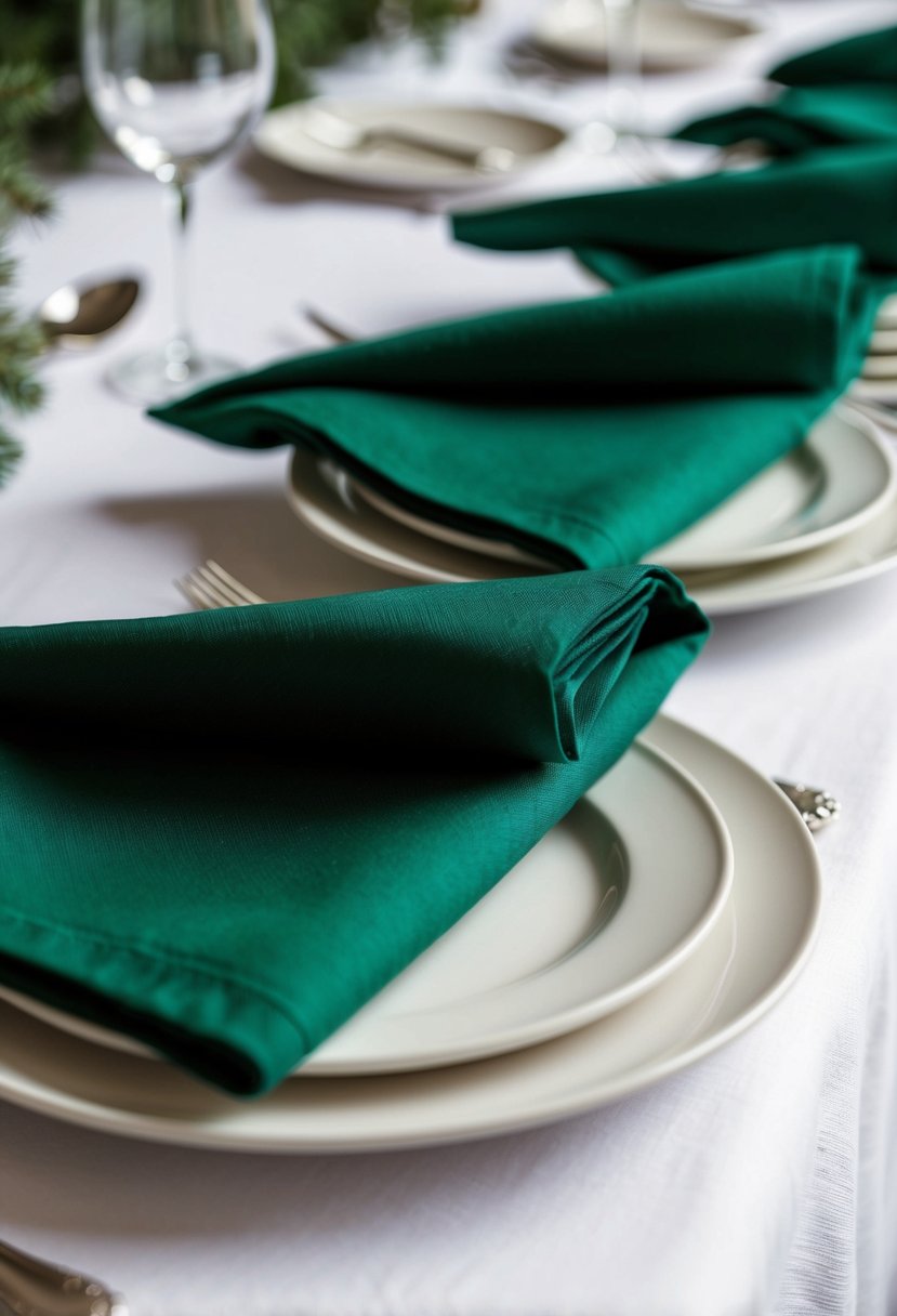 Forest green napkins folded on white plates, set against a white tablecloth