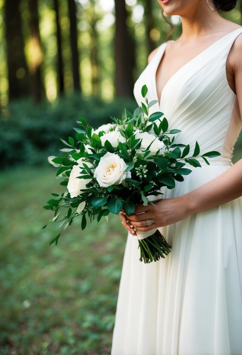 A bride in a white gown holds a bouquet with forest green foliage