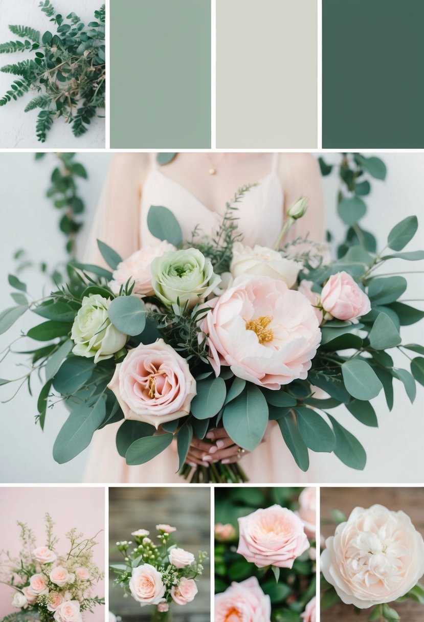 A sage green and pink wedding color palette: soft green foliage, blush pink roses, and delicate pastel decor