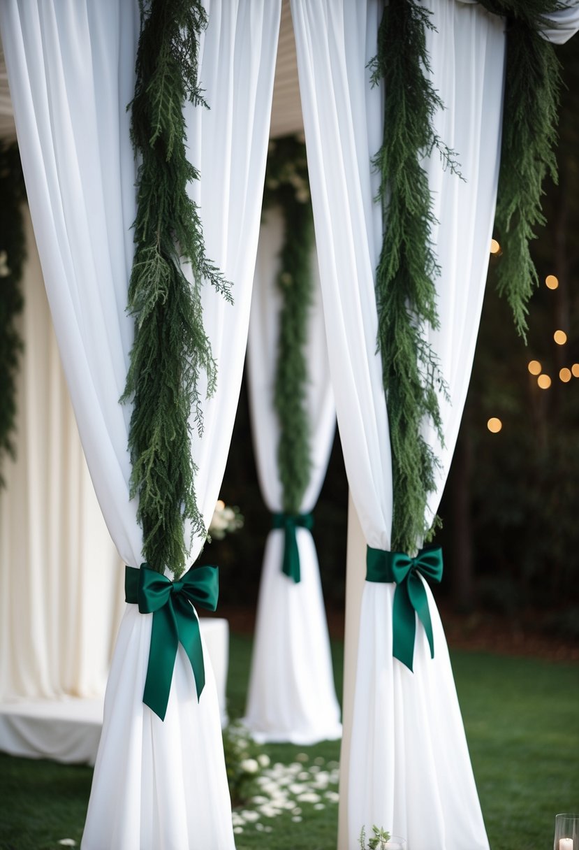 White drapes adorned with forest green ribbons hang elegantly at the ceremony altar, creating a serene and romantic atmosphere