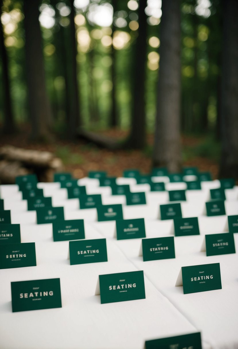 Forest green seating cards arranged on a white linen tablecloth in a woodland setting