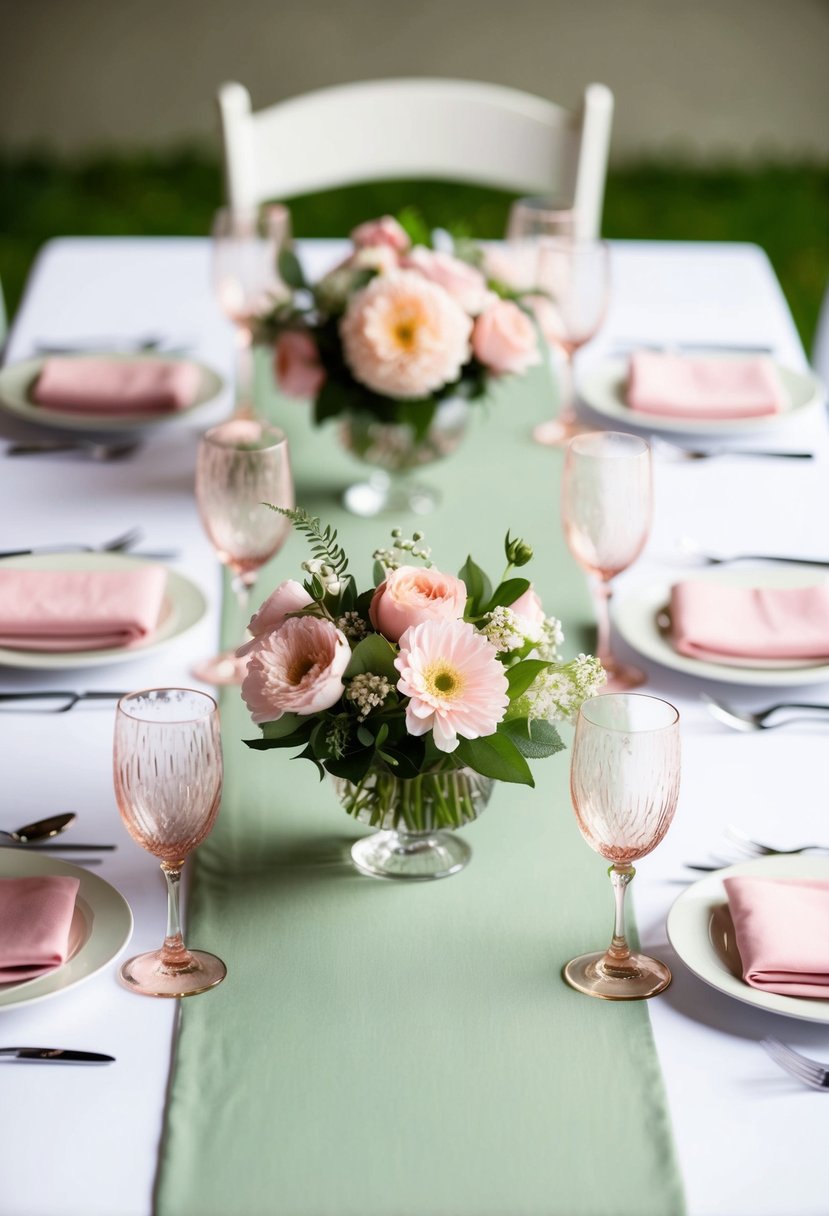 A sage green table runner adorned with pink floral centerpieces, creating a serene and romantic setting for a wedding celebration