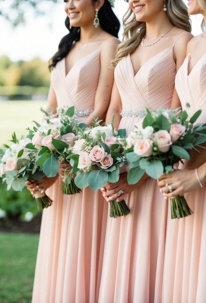 Blush pink dresses with sage green bouquets in a wedding setting