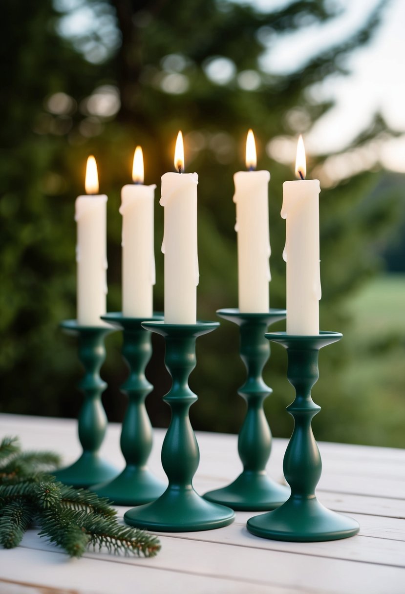 White candles on forest green candlesticks in a serene setting