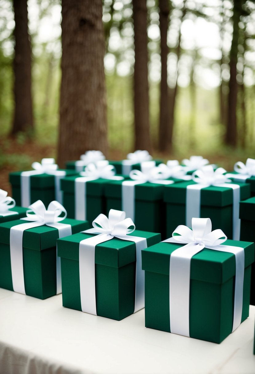 Forest green boxes with white ribbons arranged on a table in a woodland setting