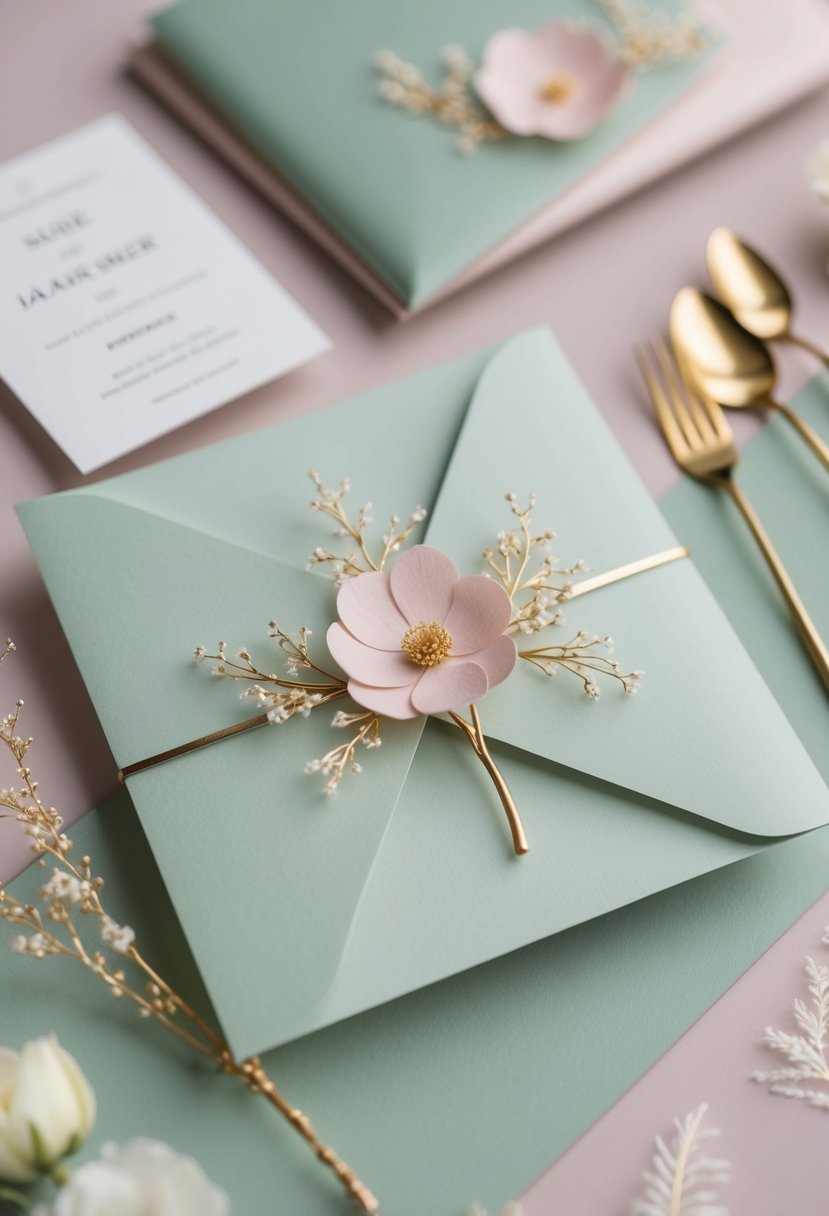 A soft sage green and pale pink color palette with delicate floral motifs, accented with gold details for wedding invitations and decor