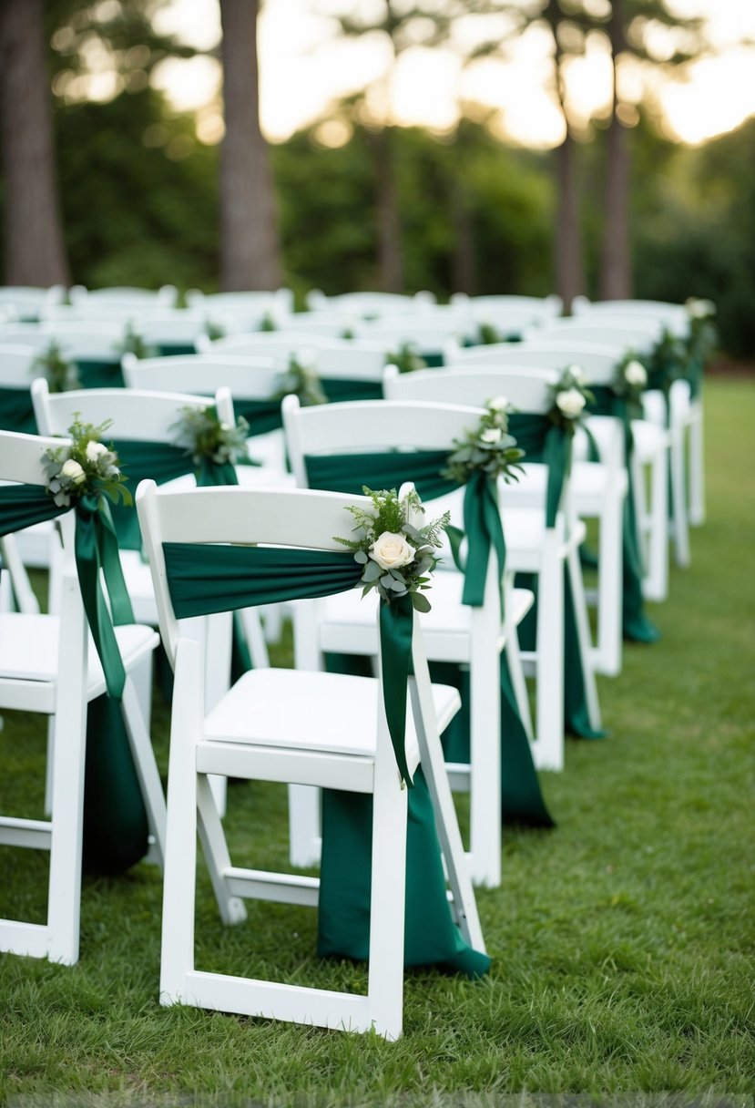 White chairs with forest green sashes arranged for a wedding ceremony