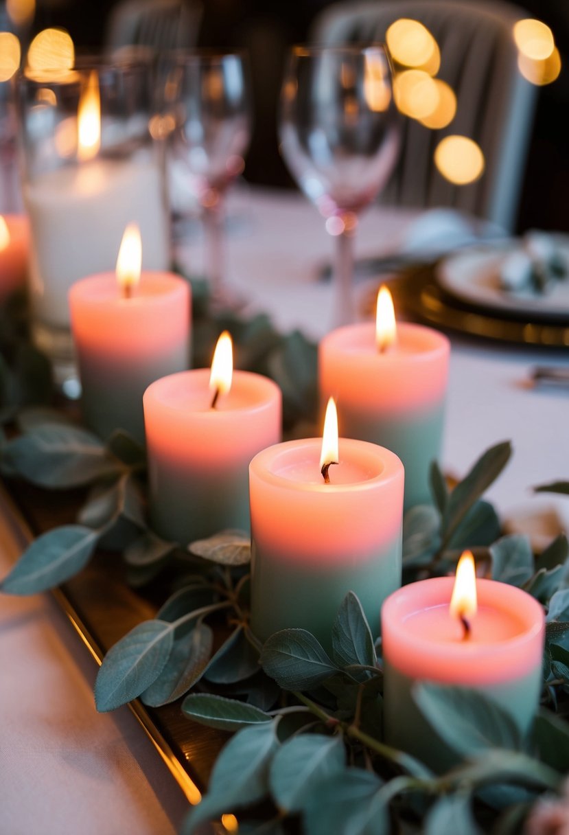 Sage and pink candles casting warm light in a wedding setting