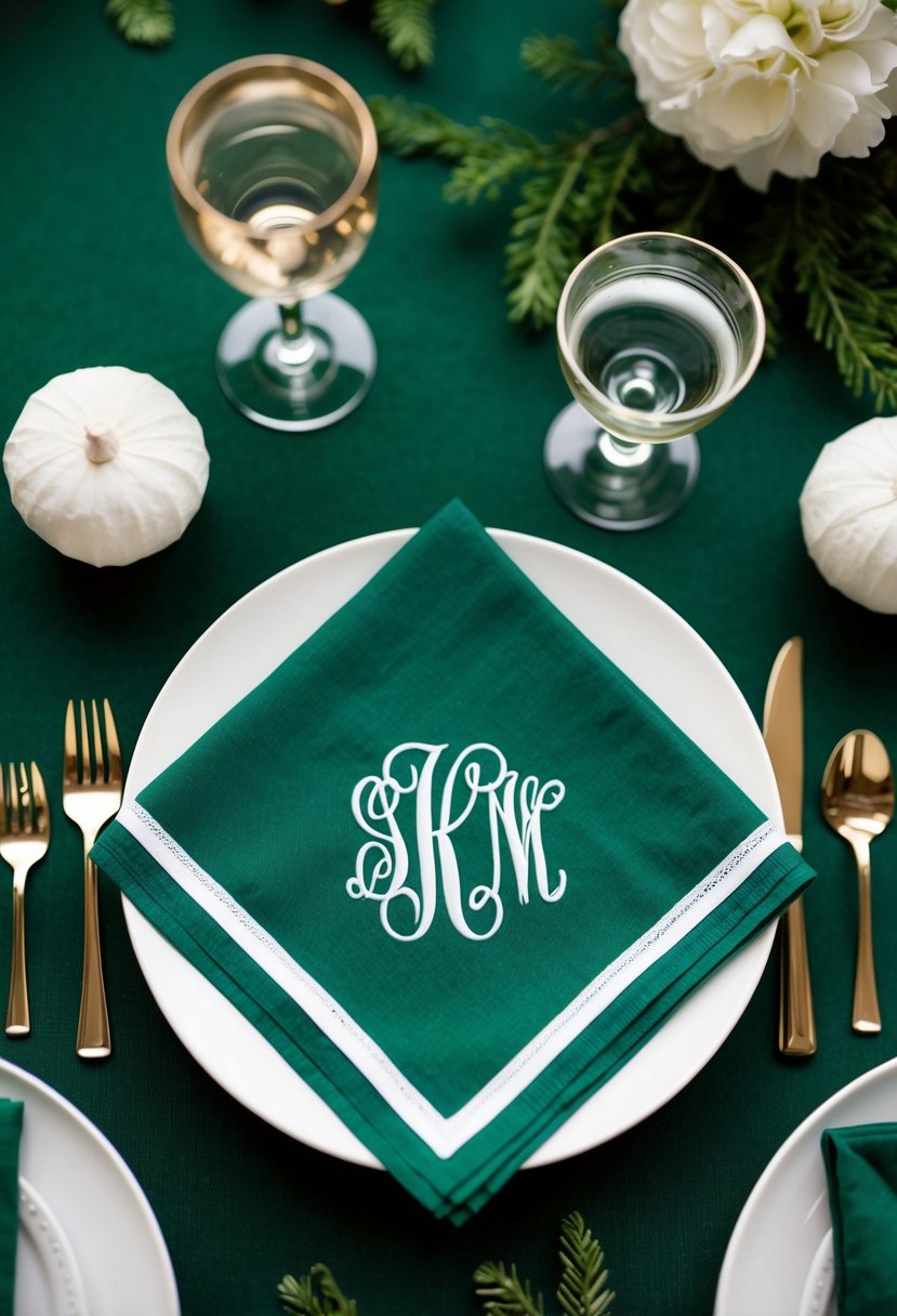 Forest green cocktail napkins with white monogram, surrounded by forest green and white wedding decor