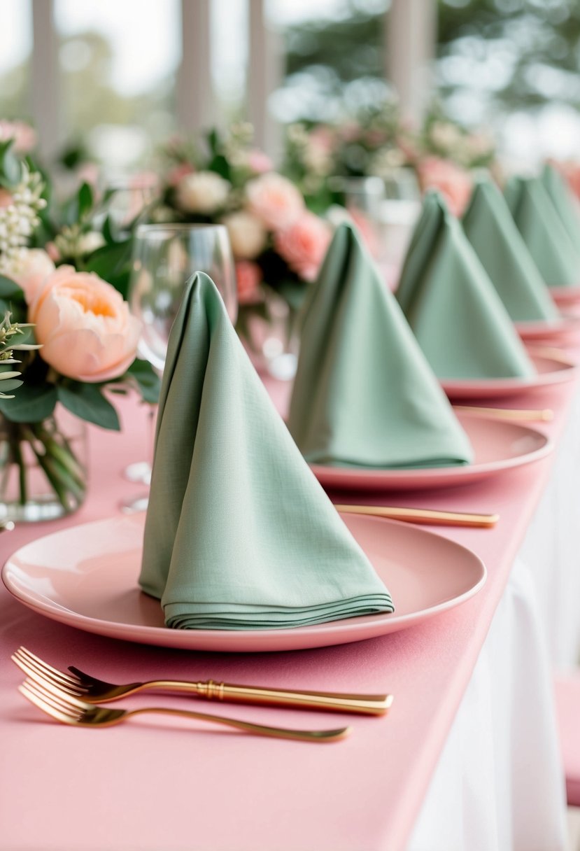 Sage green napkins folded neatly on pink table settings with coordinating wedding decor