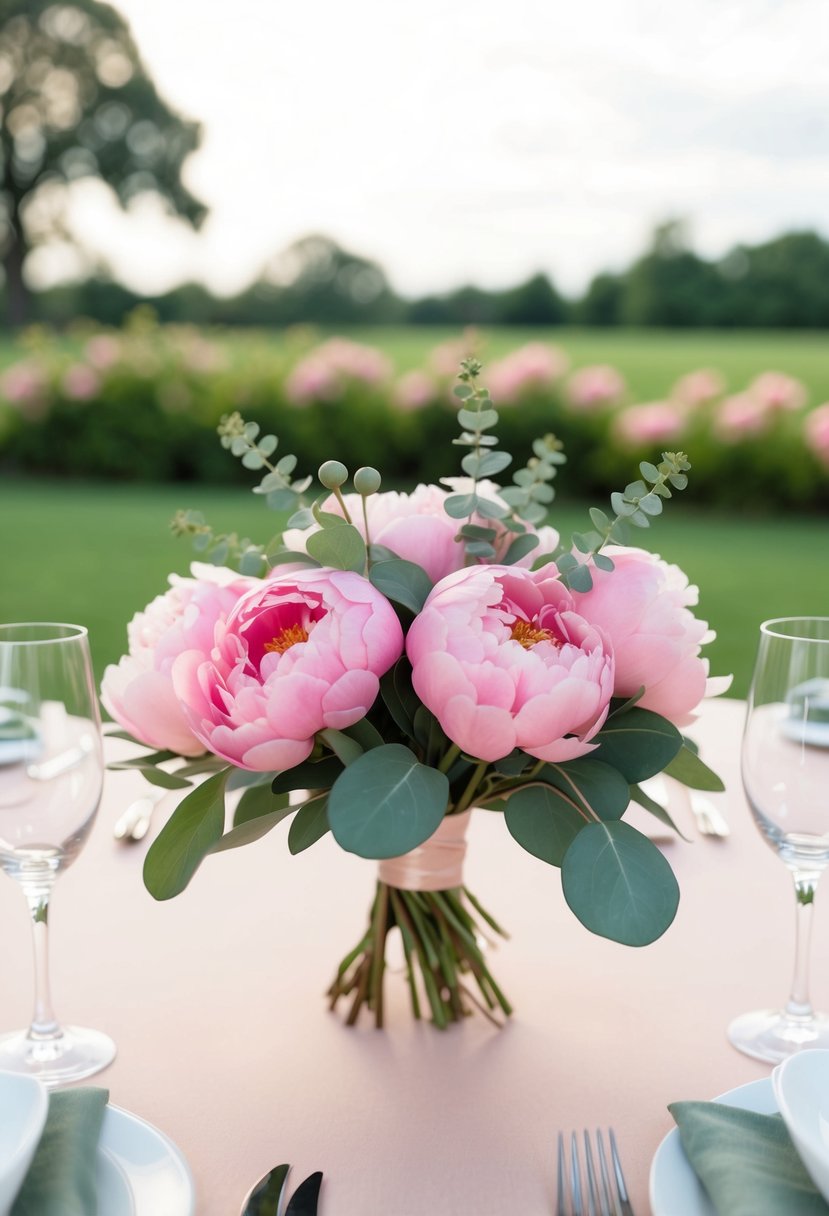 A table set with pink peonies and eucalyptus boutonnieres, showcasing sage green and pink wedding color ideas