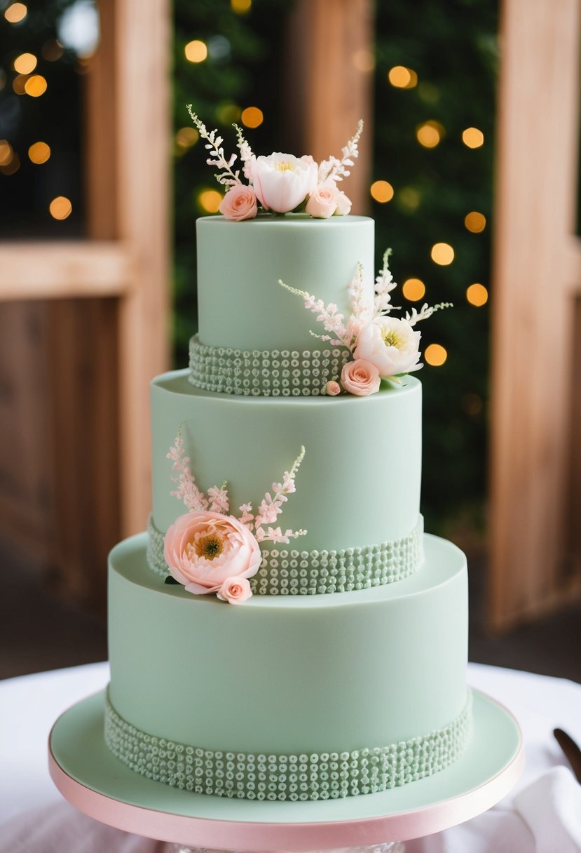 A three-tiered sage green wedding cake adorned with delicate pink floral accents