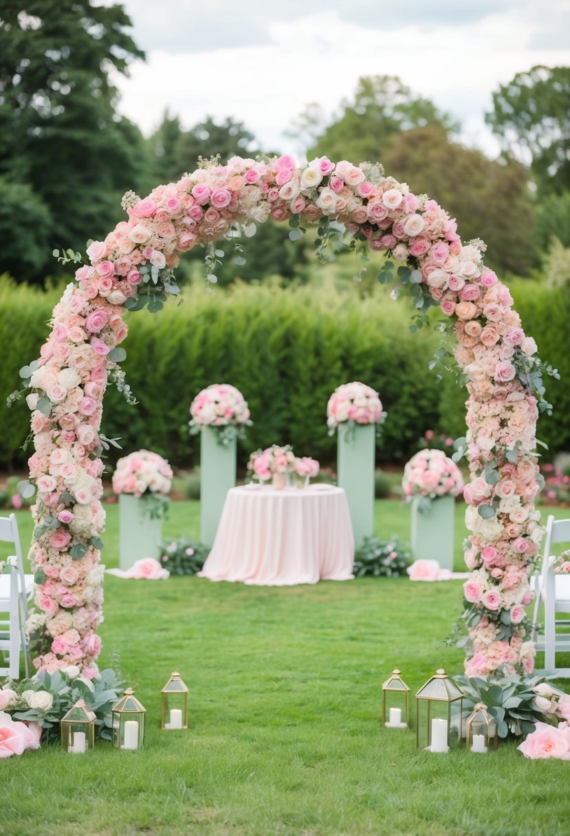 A pink and sage floral archway stands in a garden, surrounded by sage green and pink wedding decor