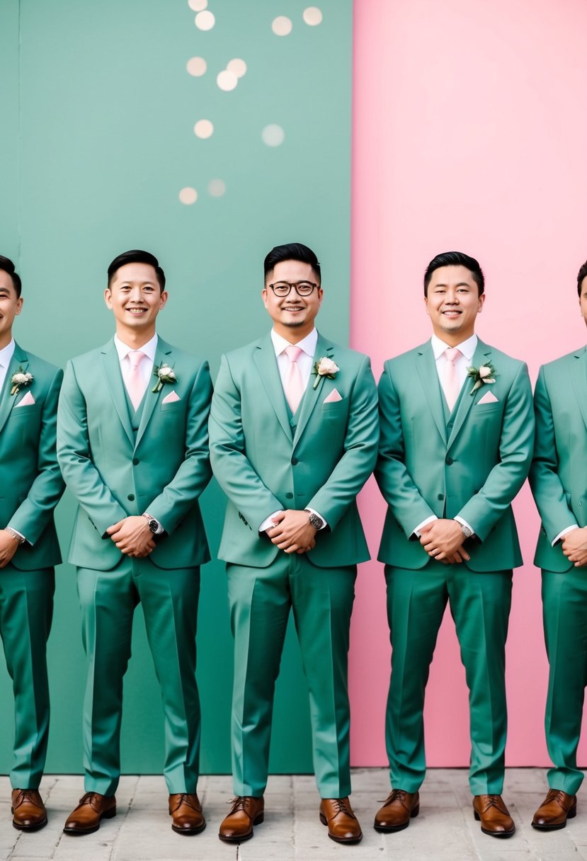 Groomsmen in sage green suits with pink ties stand against a sage green and pink backdrop