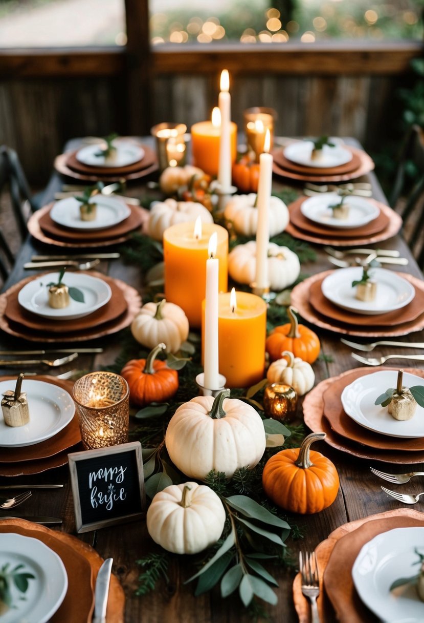 A rustic table adorned with personalized candles, mini pumpkins, and foliage-filled favor boxes