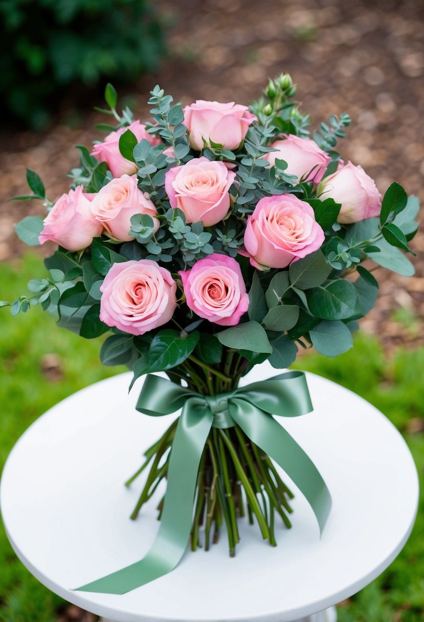 A bouquet of pink roses and green foliage, tied with a sage green ribbon, sits on a white table