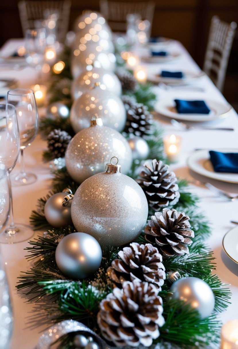 A table adorned with sparkling holiday-themed ornaments, nestled among snow-dusted pinecones and shimmering silver ribbons, awaits guests as winter wedding favors