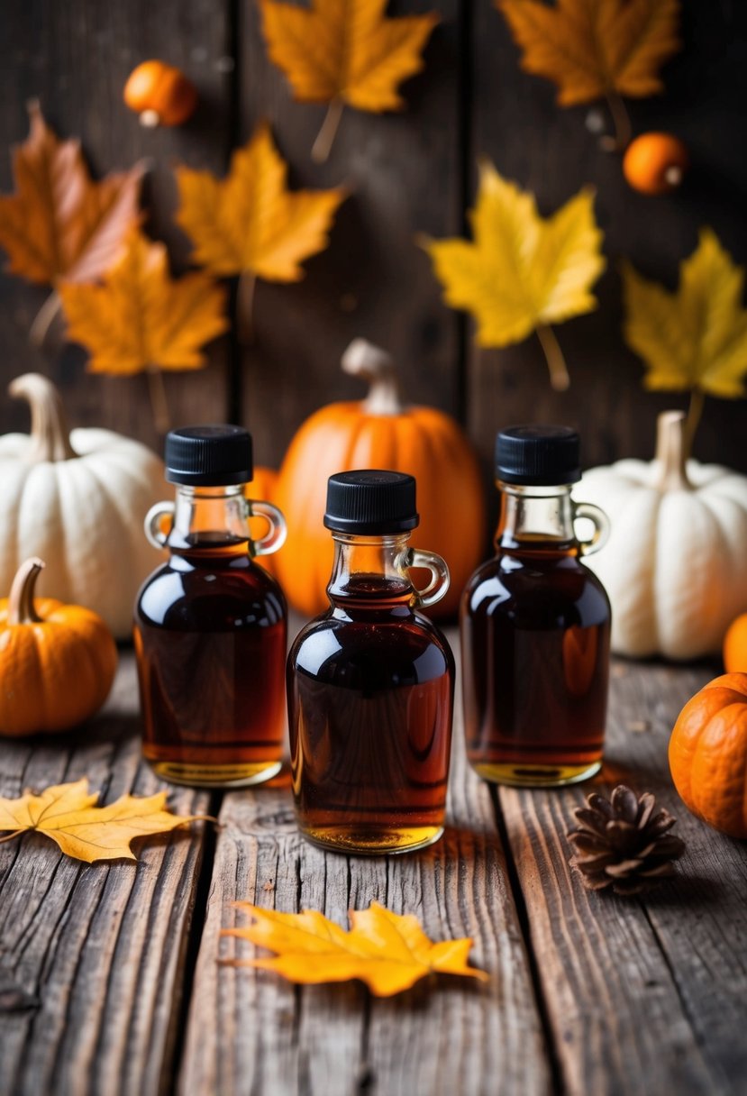 Mini maple syrup bottles arranged on a rustic wooden table with autumn leaves and small decorative pumpkins scattered around