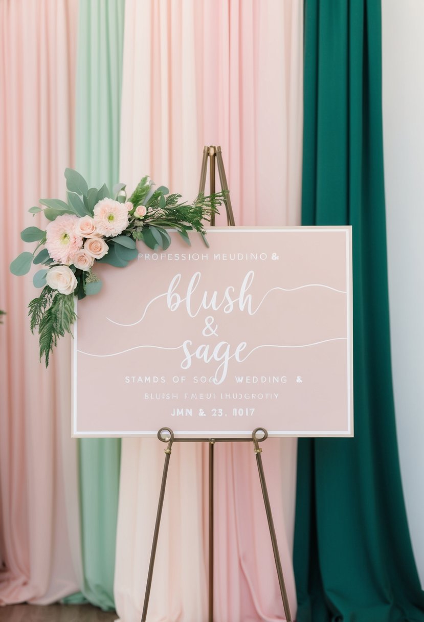 A blush and sage wedding sign stands against a backdrop of soft pink and green decor