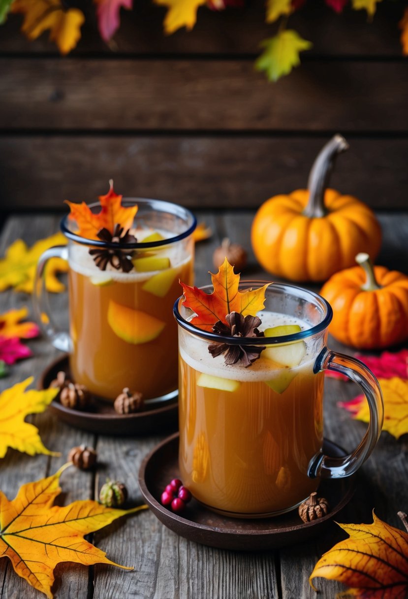 Two apple cider mugs with fall-themed decorations sit on a rustic wooden table, surrounded by colorful autumn leaves and small pumpkins