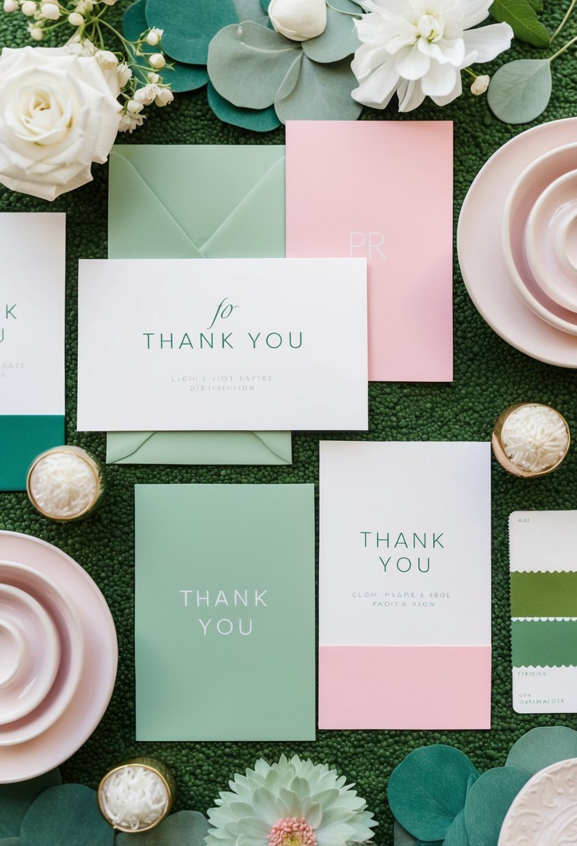 Sage green and pink thank you cards arranged with wedding decor and color swatches for inspiration