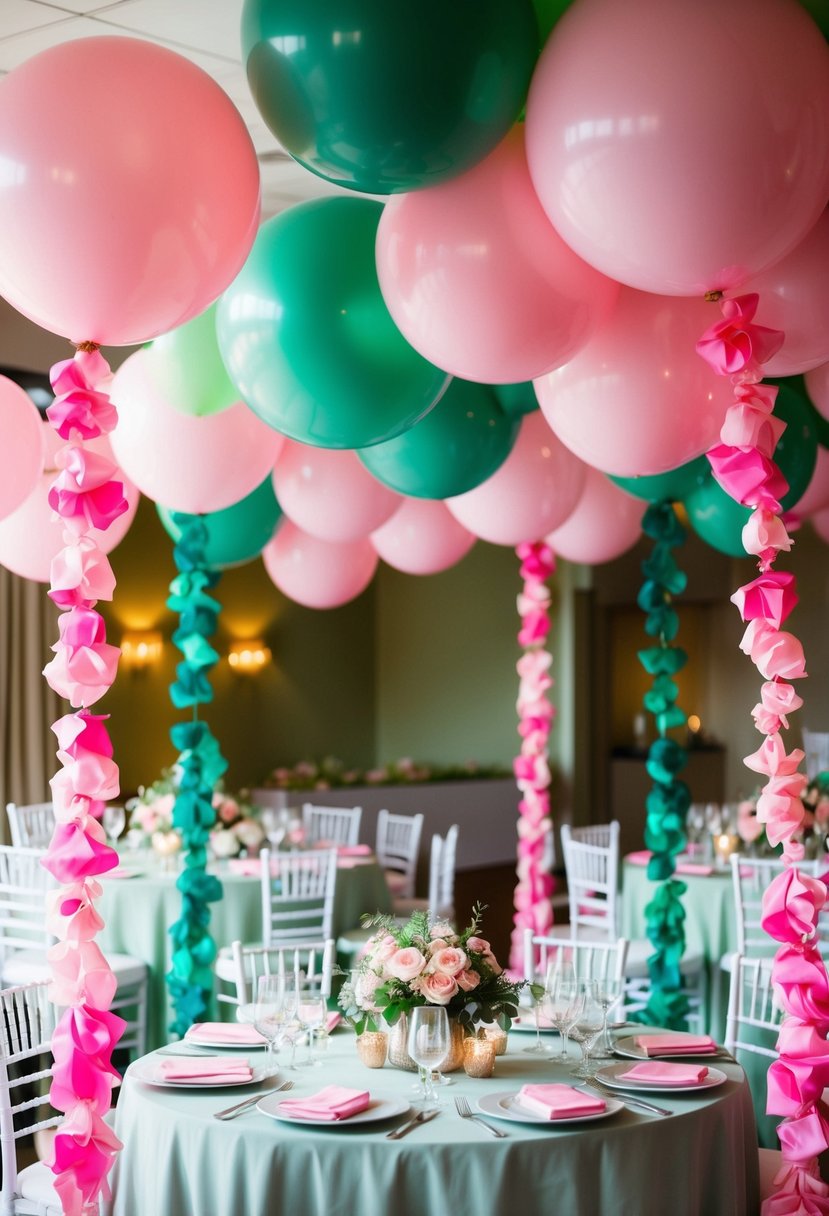 Pink and green balloon garlands adorn a sage green and pink wedding reception, creating a festive and colorful atmosphere