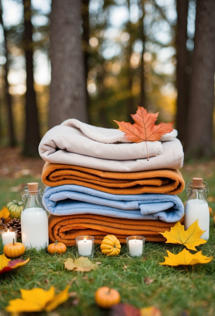 A cozy pile of fleece blankets arranged with autumn leaves and wedding favors