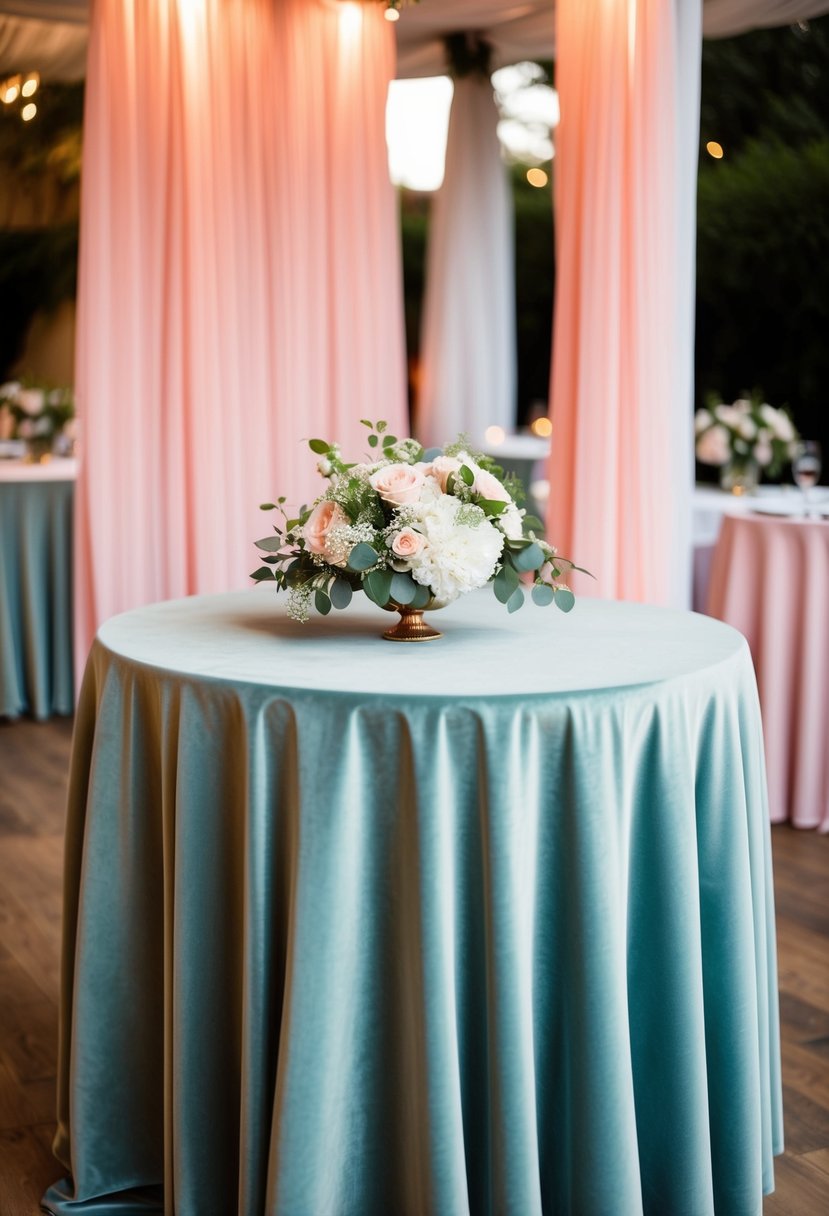 Sage velvet tablecloths with pink overlays on a wedding reception table