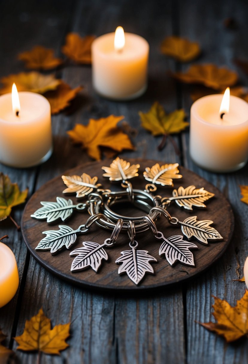 A cluster of leaf-themed wine charms arranged on a rustic wooden table, surrounded by scattered autumn leaves and soft candlelight