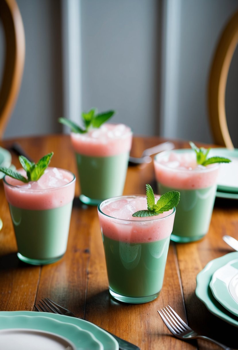 A table set with sage green cups filled with pink lemonade and garnished with mint leaves