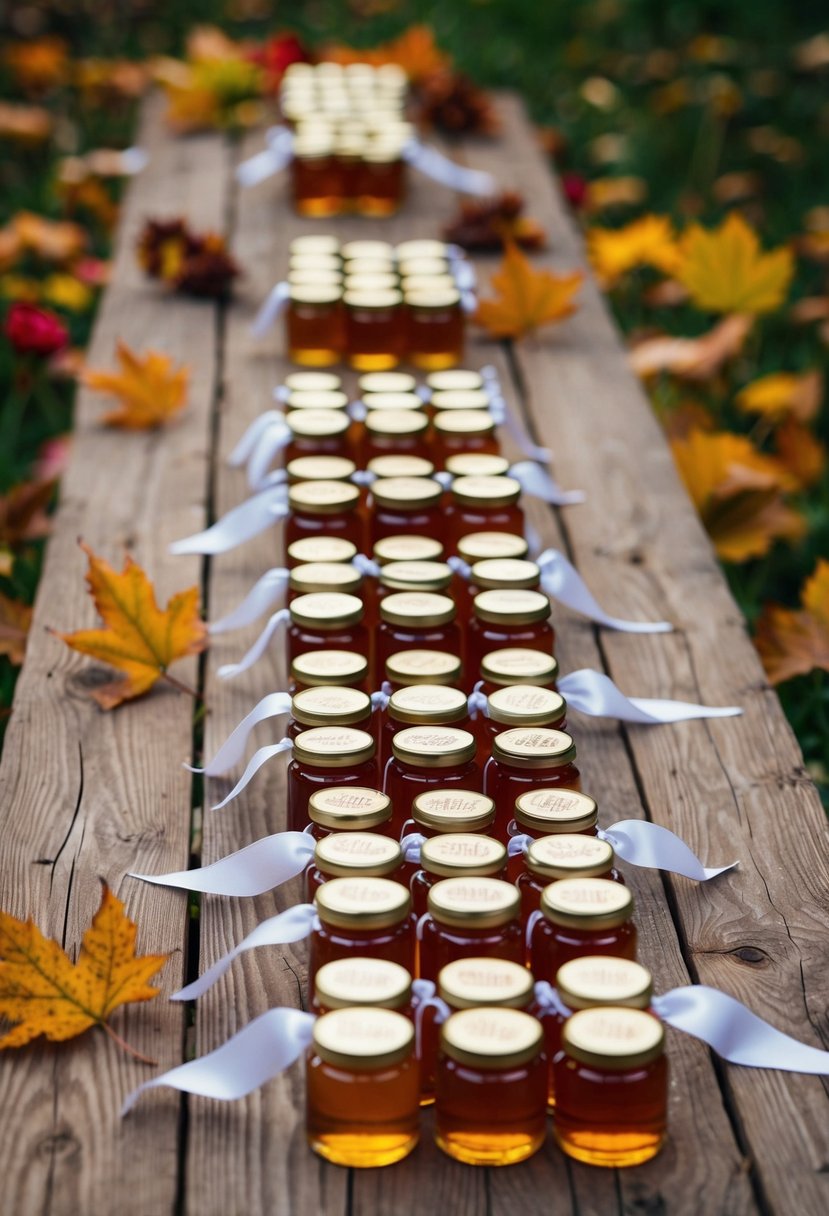 A rustic wooden table with rows of small, personalized jars of honey, adorned with delicate ribbons and surrounded by autumn leaves and flowers