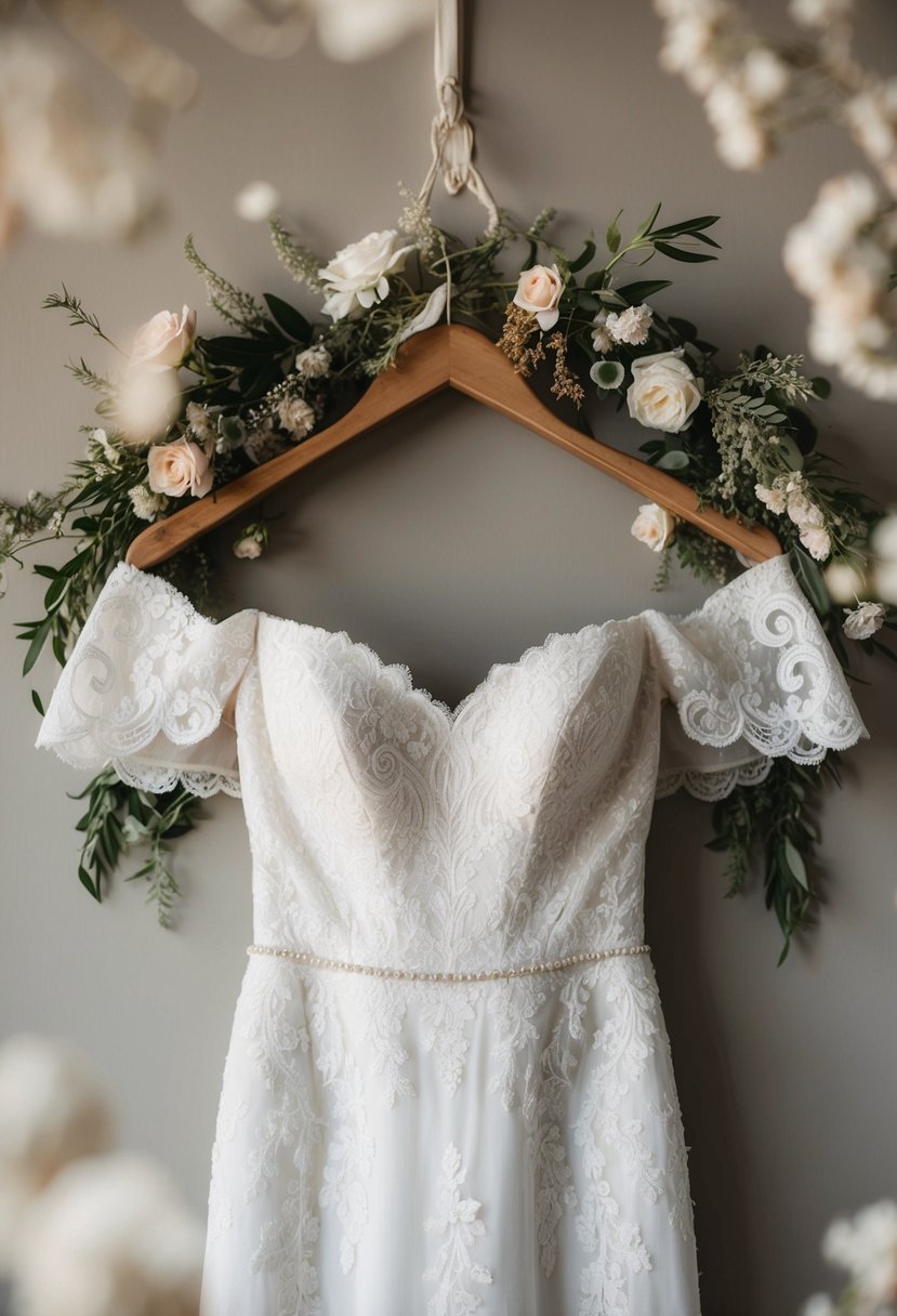 An elegant off-shoulder wedding dress hangs on a vintage wooden hanger, surrounded by delicate lace and floral details