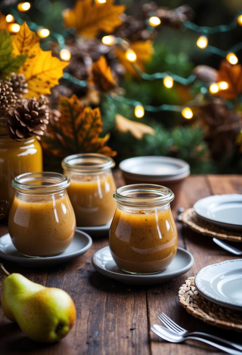 A rustic table setting with jars of spiced pear jam, surrounded by autumn foliage and twinkling lights