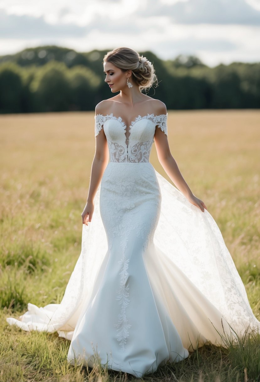 A bride standing in a field, wearing an off-the-shoulder lace mermaid gown, with the dress flowing elegantly around her