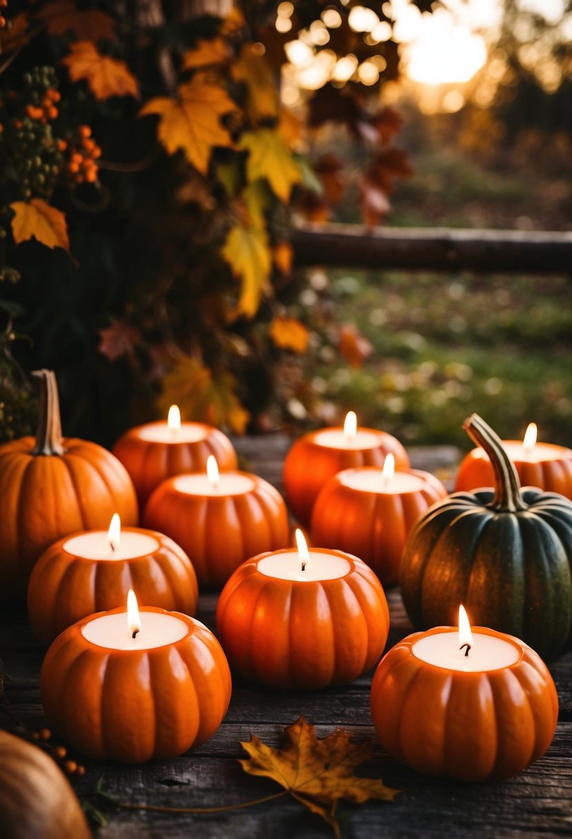 Pumpkin-shaped candles arranged in a rustic setting with fall foliage and warm lighting