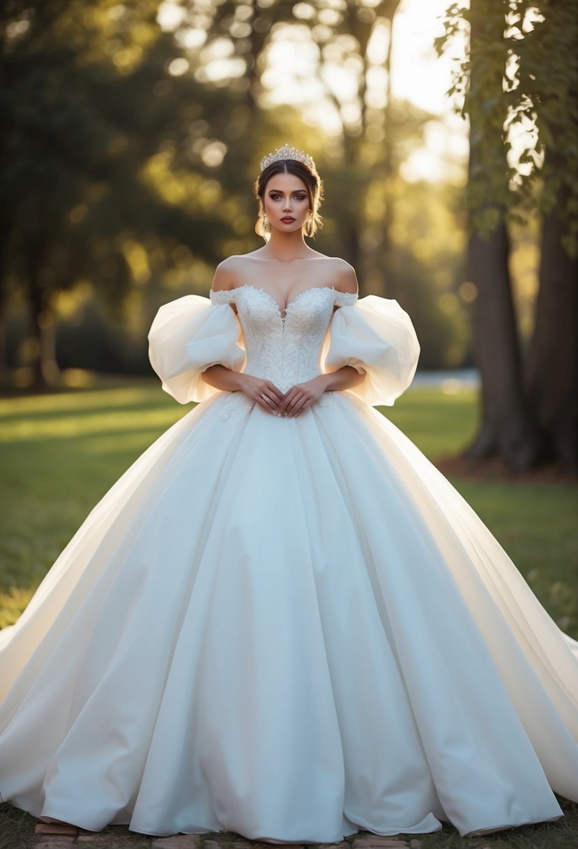 A grand ball gown with voluminous off-shoulder puff sleeves, fit for a fairytale wedding