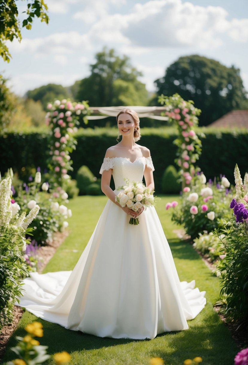 A bride in a vintage-inspired off-the-shoulder wedding dress stands in a lush garden, surrounded by blooming flowers and a charming rustic backdrop