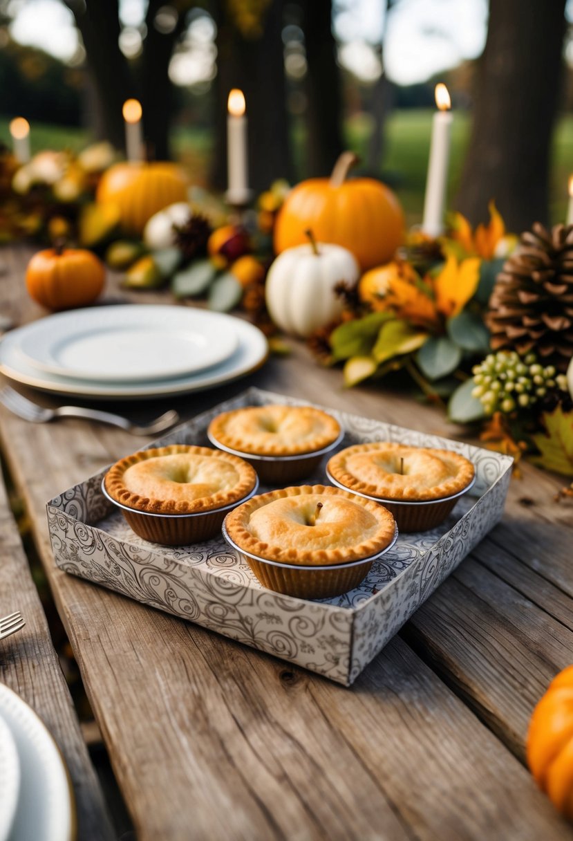 A rustic wooden table with mini apple pies in decorative packaging, surrounded by fall foliage and wedding decor