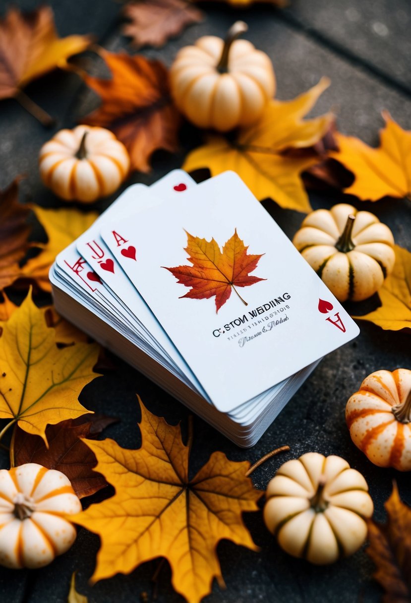 A pile of custom playing cards with a fall wedding theme, surrounded by autumn leaves and small decorative pumpkins