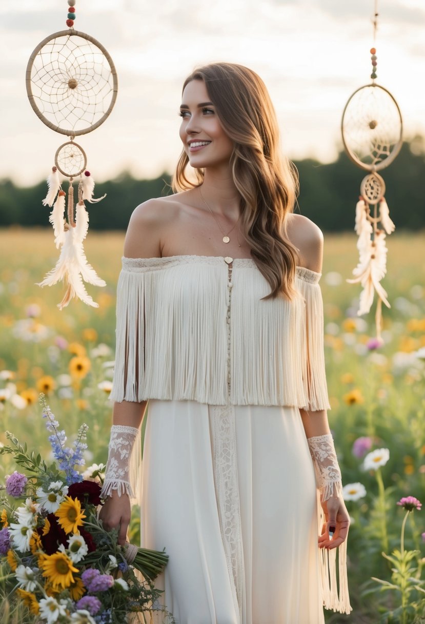 A bohemian off-shoulder wedding dress with fringe, surrounded by wildflowers and dreamcatchers