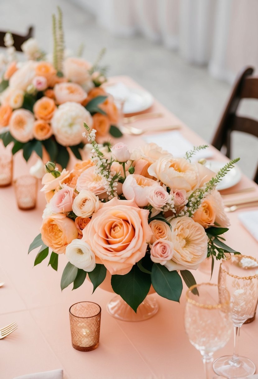 A peach wedding theme with floral centerpieces and pastel decor