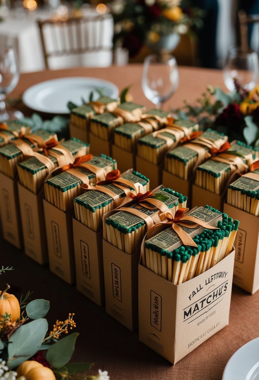 Cartons of matches arranged with floral accents and ribbon, displayed on a rustic table at a fall wedding reception