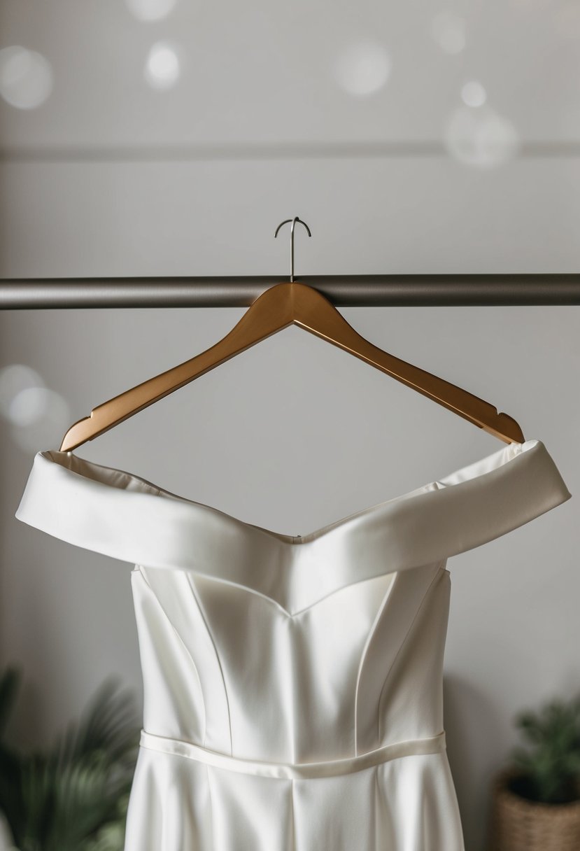 A simple off-shoulder bridal dress on a satin hanger