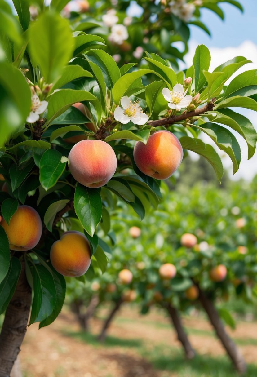 A lush peach orchard with green foliage, ripe fruit, and delicate blossoms